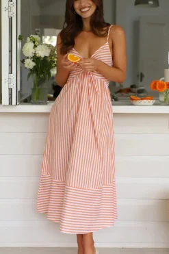 Robe été rayée midi à bretelles