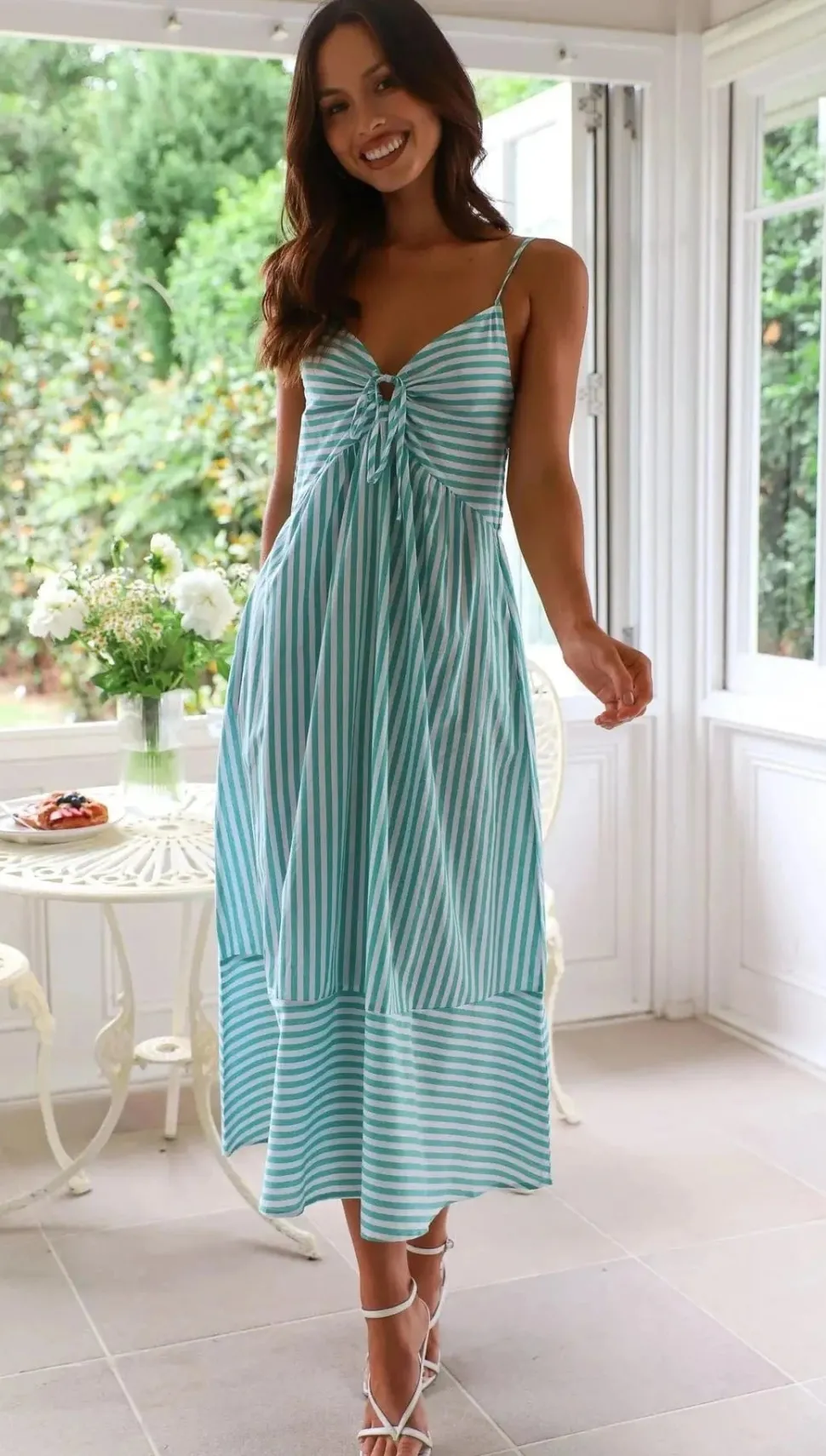 Robe été rayée midi à bretelles