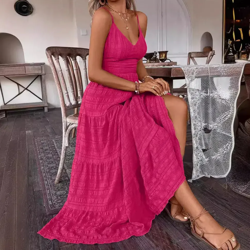 Robe été rose longue noeud romantique au dos