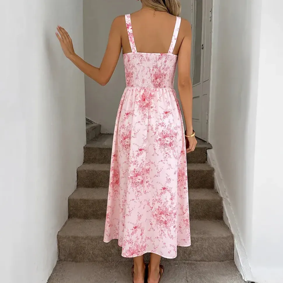 Robe été rose motif fleuri romantique