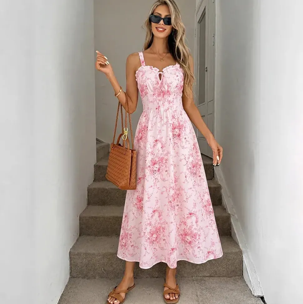 Robe été rose motif fleuri romantique
