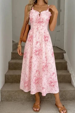 Robe été rose motif fleuri romantique