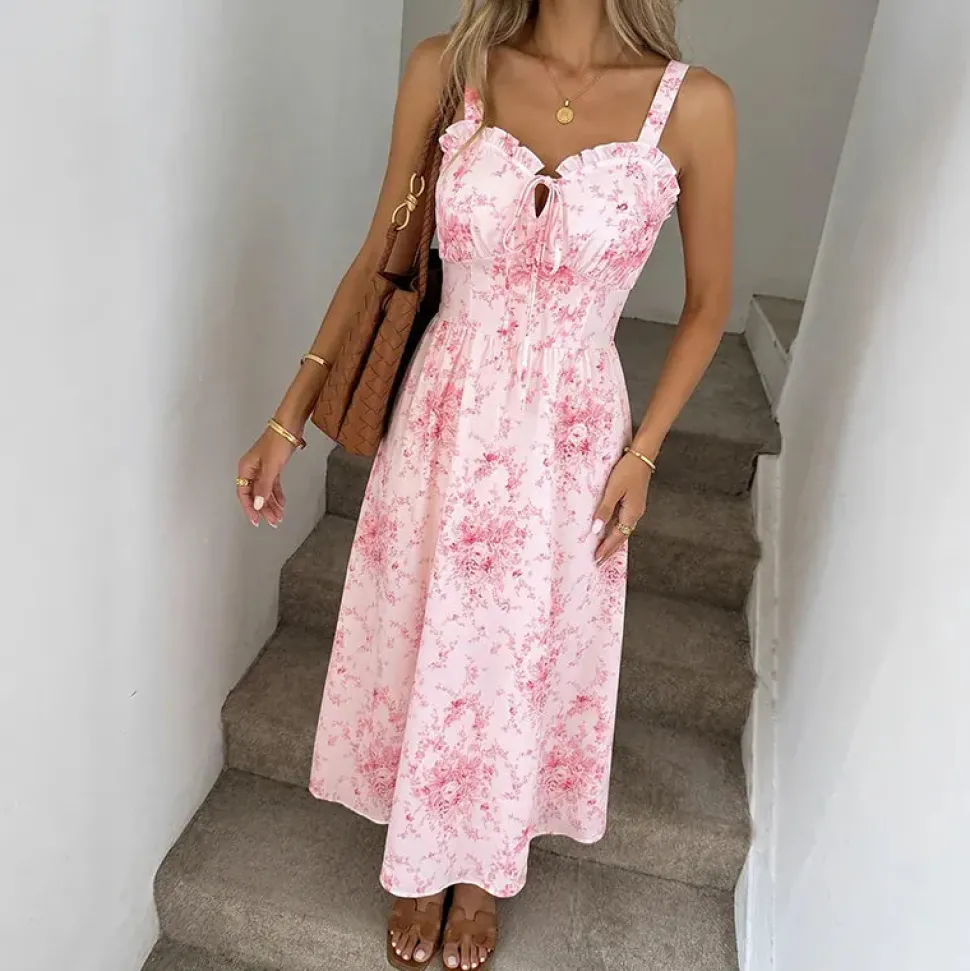Robe été rose motif fleuri romantique
