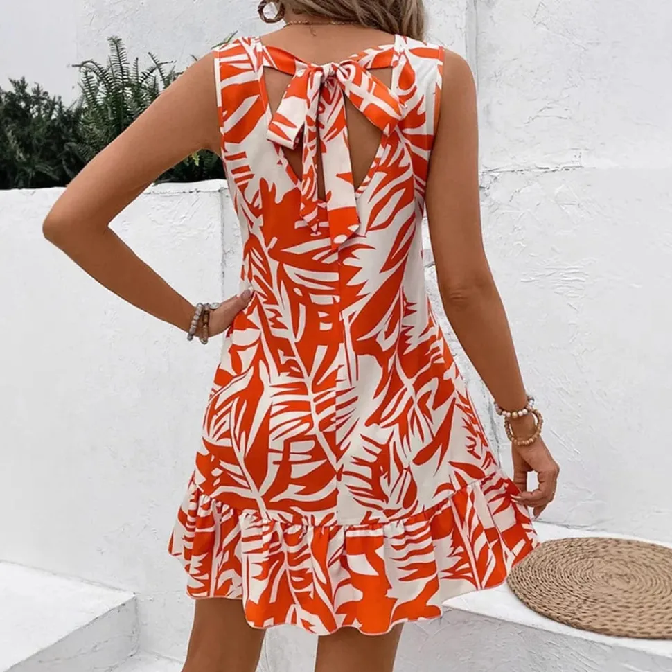 Robe été sans manches courte motif tropical