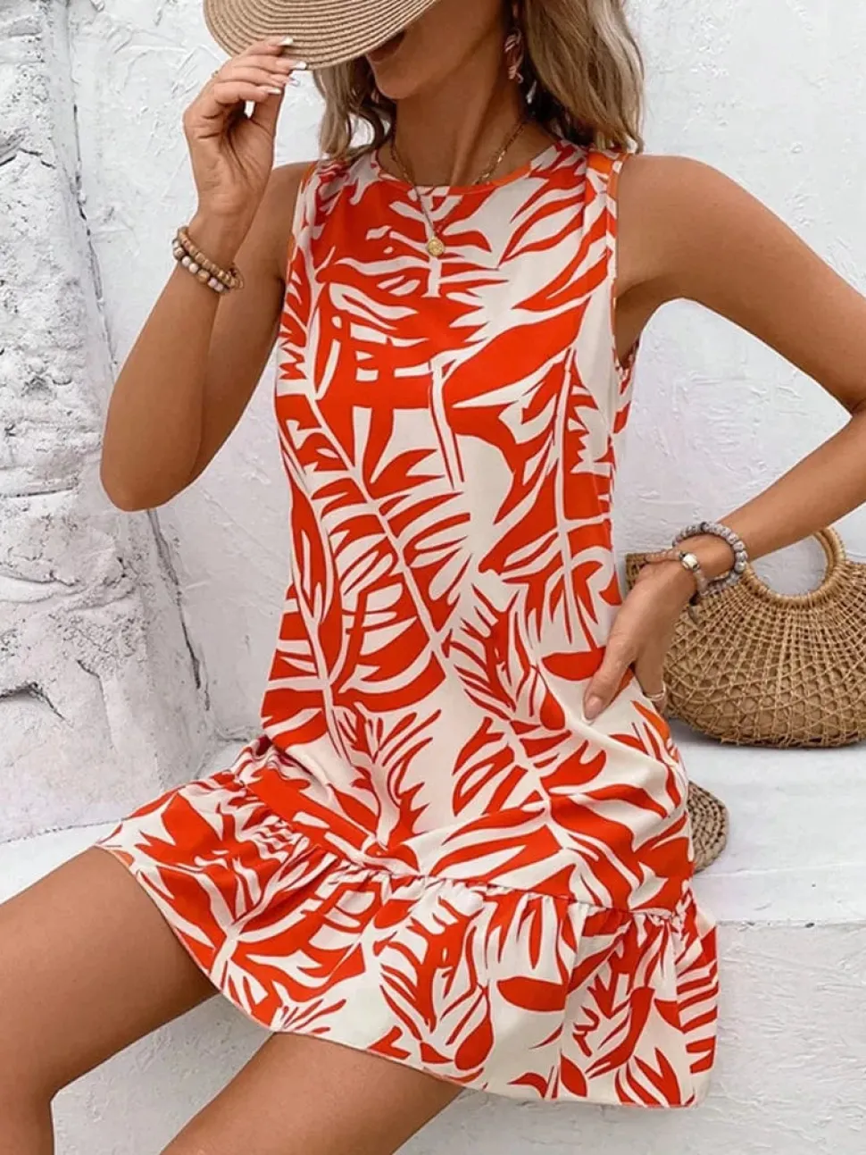Robe été sans manches courte motif tropical