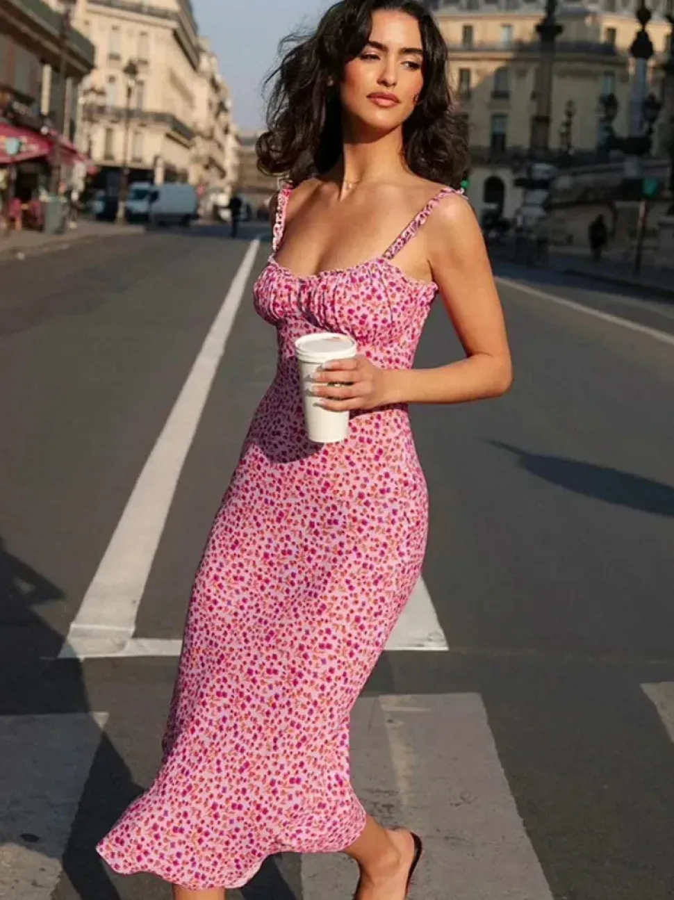Robe été sexy rose mi-longue