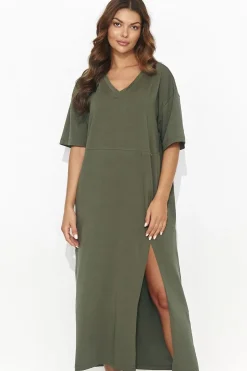 Robe T-shirt verte midi fendue casual