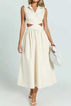 Robe évasée beige col chemise