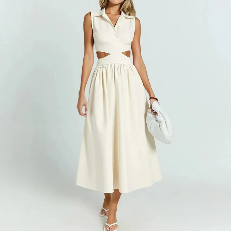 Robe évasée beige col chemise
