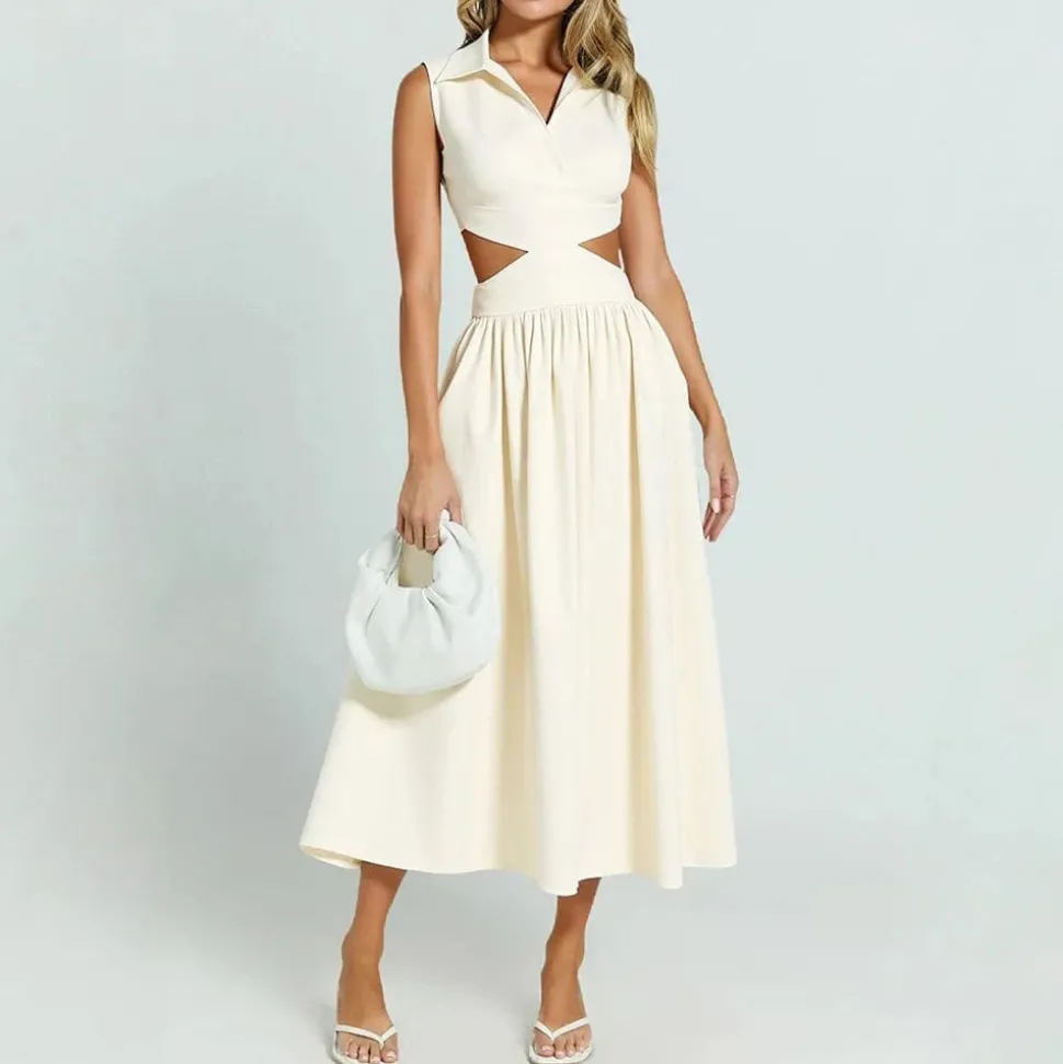 Robe évasée beige col chemise
