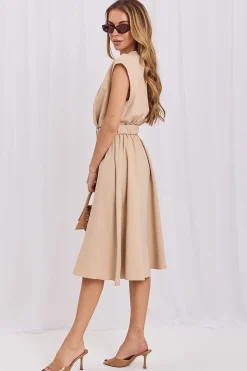 Robe évasée beige fluide manches courtes