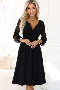 Robe évasée noire chic manches transparentes